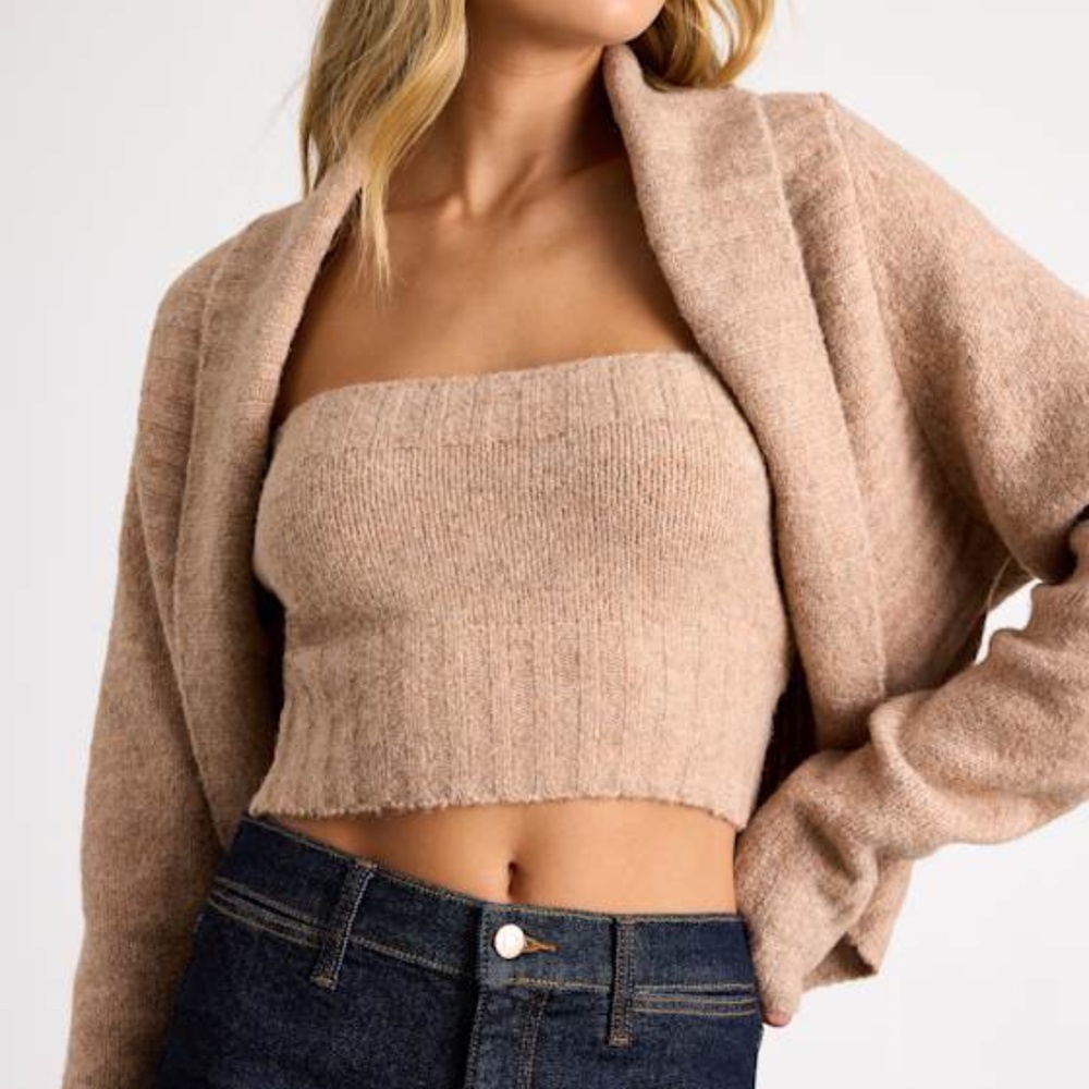 Lulus Almaya Tan Marled Knit Crop Top And Cardigan Sweater Set Brown - Size XS